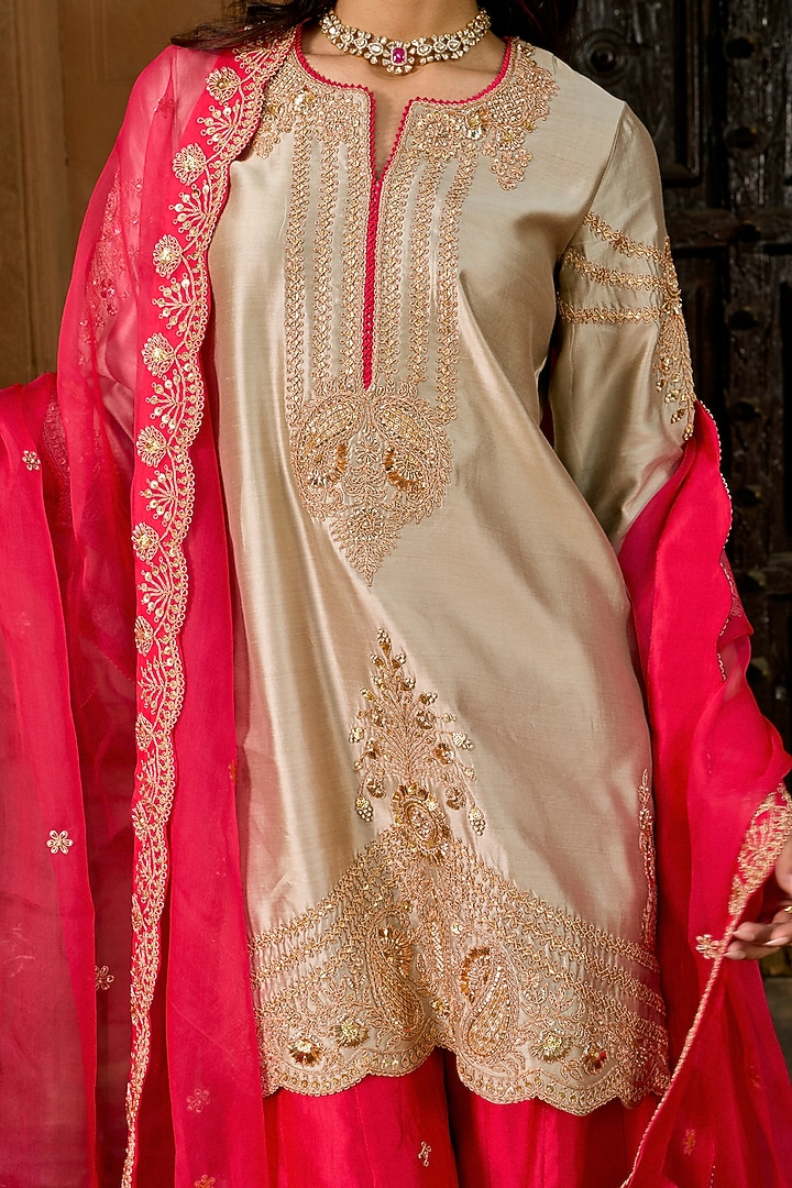 Strawberry Red Pure Spun Silk Mukesh Work Bridal Sharara Set by SURBHI SHAH at Pernia's Pop Up Shop