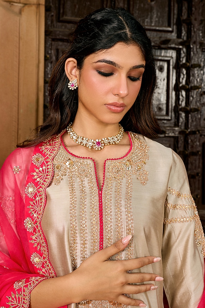 Strawberry Red Pure Spun Silk Mukesh Work Bridal Sharara Set by SURBHI SHAH at Pernia's Pop Up Shop