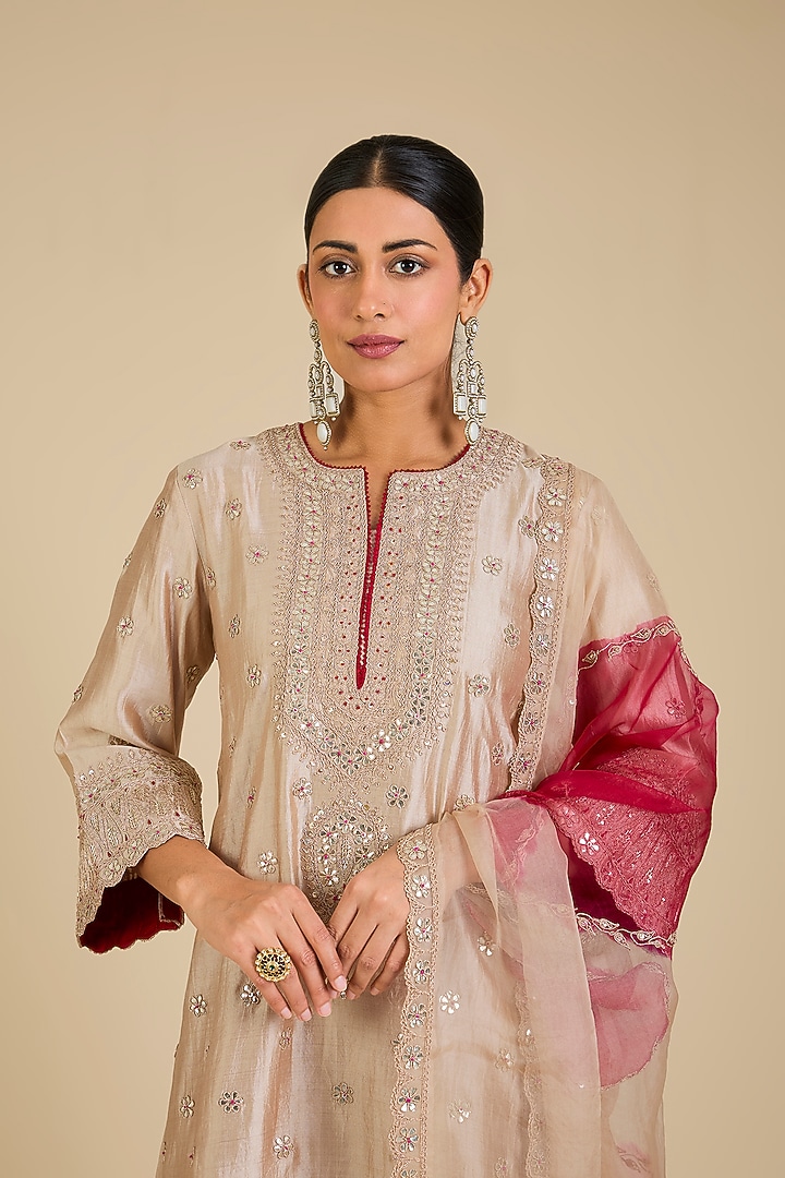 Champagne Spun Silk Gota Work Kurta Set by SURBHI SHAH at Pernia's Pop Up Shop
