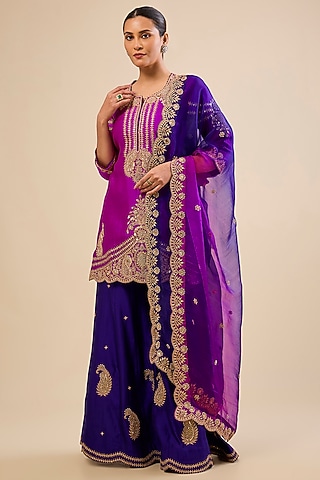 Purple Spun Silk Mukaish Work Sharara Set by Surbhi Shah