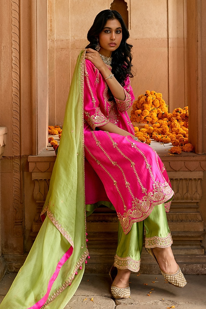 Pink Pure Spun Silk Mukesh Work Kurta Set by SURBHI SHAH at Pernia's Pop Up Shop