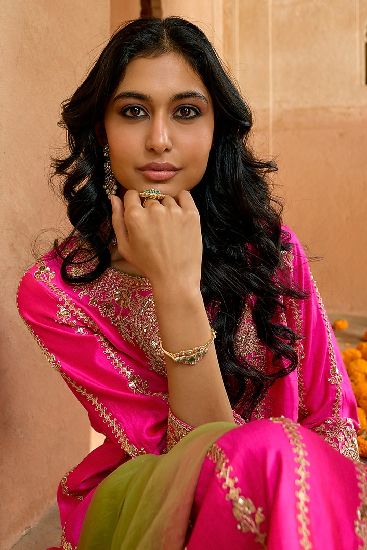 Pink Pure Spun Silk Mukesh Work Kurta Set by SURBHI SHAH at Pernia's Pop Up Shop