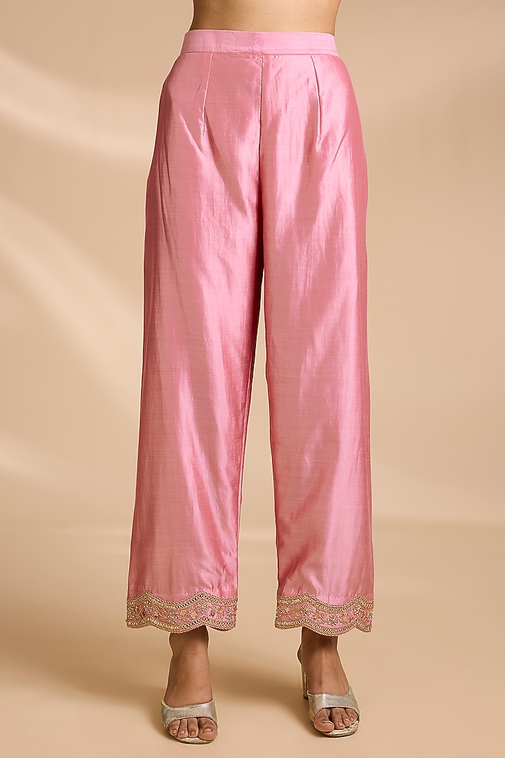 Rose Gold Spun Silk Gota Embroidered Kurta Set by Surbhi Shah at Pernia's Pop Up Shop