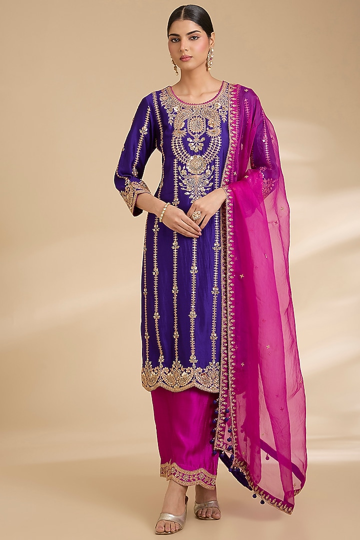 Purple Spun Silk Marori Work Kurta Set by Surbhi Shah at Pernia's Pop Up Shop