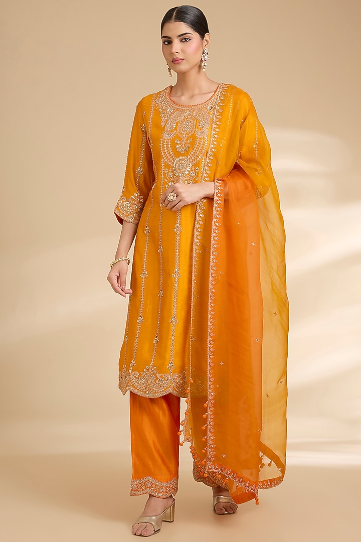 Mango Orange Spun Silk Marori Work Kurta Set by Surbhi Shah at Pernia's Pop Up Shop