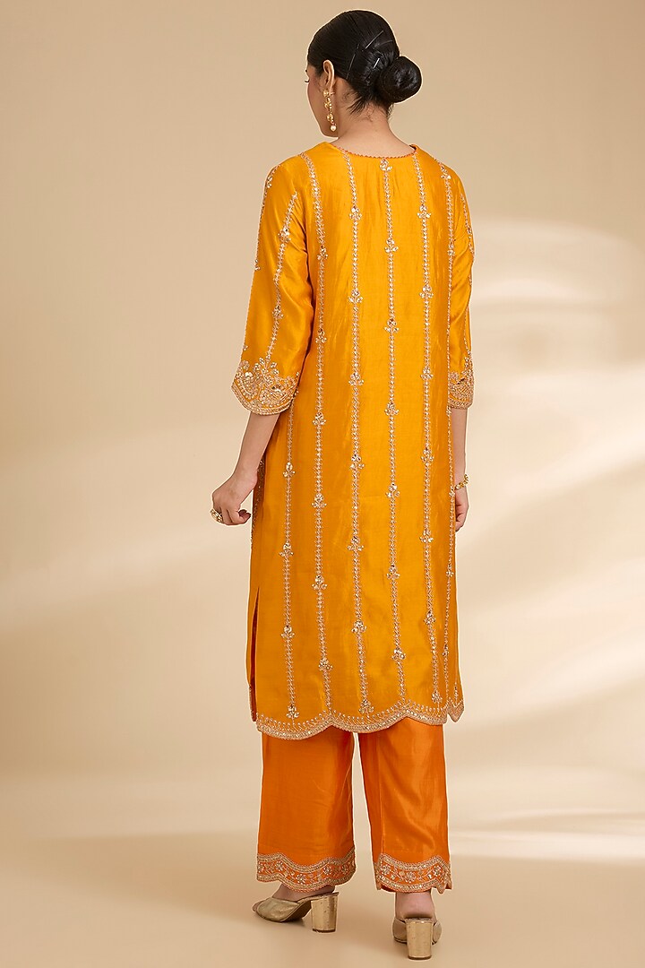 Mango Orange Spun Silk Marori Work Kurta Set by Surbhi Shah at Pernia's Pop Up Shop