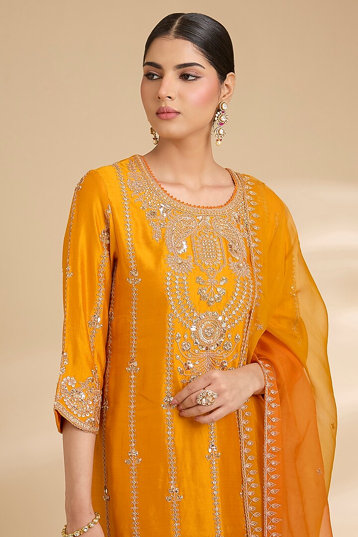 Mango Orange Spun Silk Marori Work Kurta Set by Surbhi Shah at Pernia's Pop Up Shop