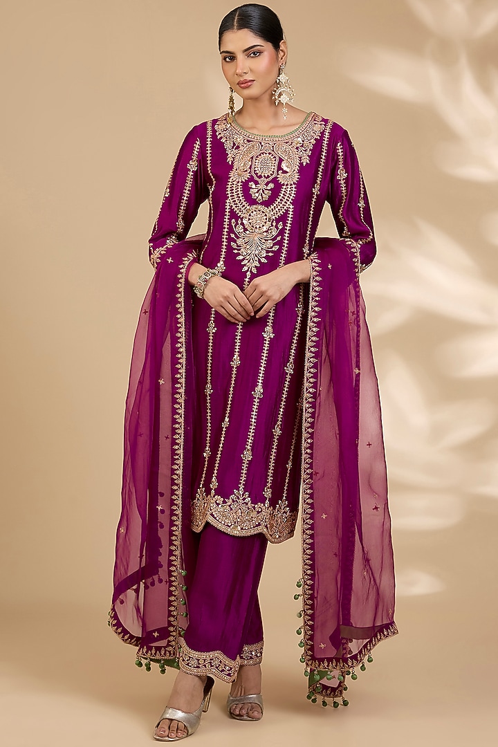Berry Magenta Spun Silk Zardosi Embroidered Kurta Set by SURBHI SHAH at Pernia's Pop Up Shop
