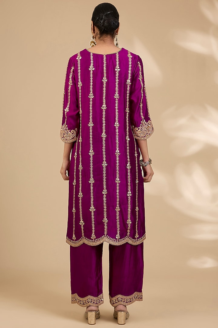 Berry Magenta Spun Silk Zardosi Embroidered Kurta Set by SURBHI SHAH at Pernia's Pop Up Shop