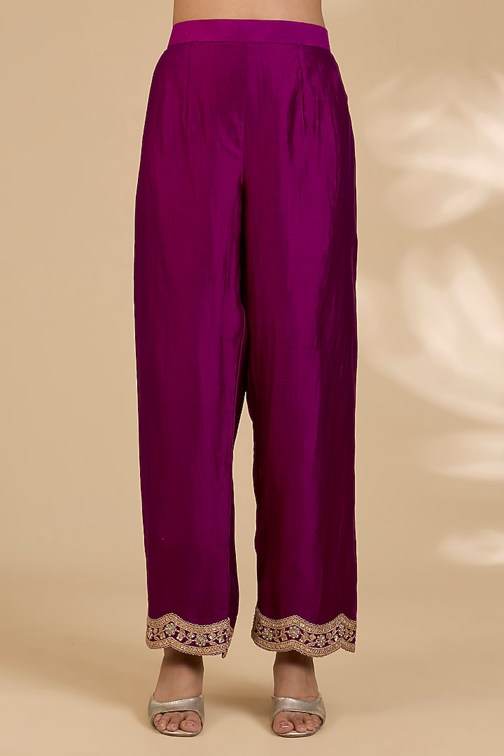 Berry Magenta Spun Silk Zardosi Embroidered Kurta Set by SURBHI SHAH at Pernia's Pop Up Shop
