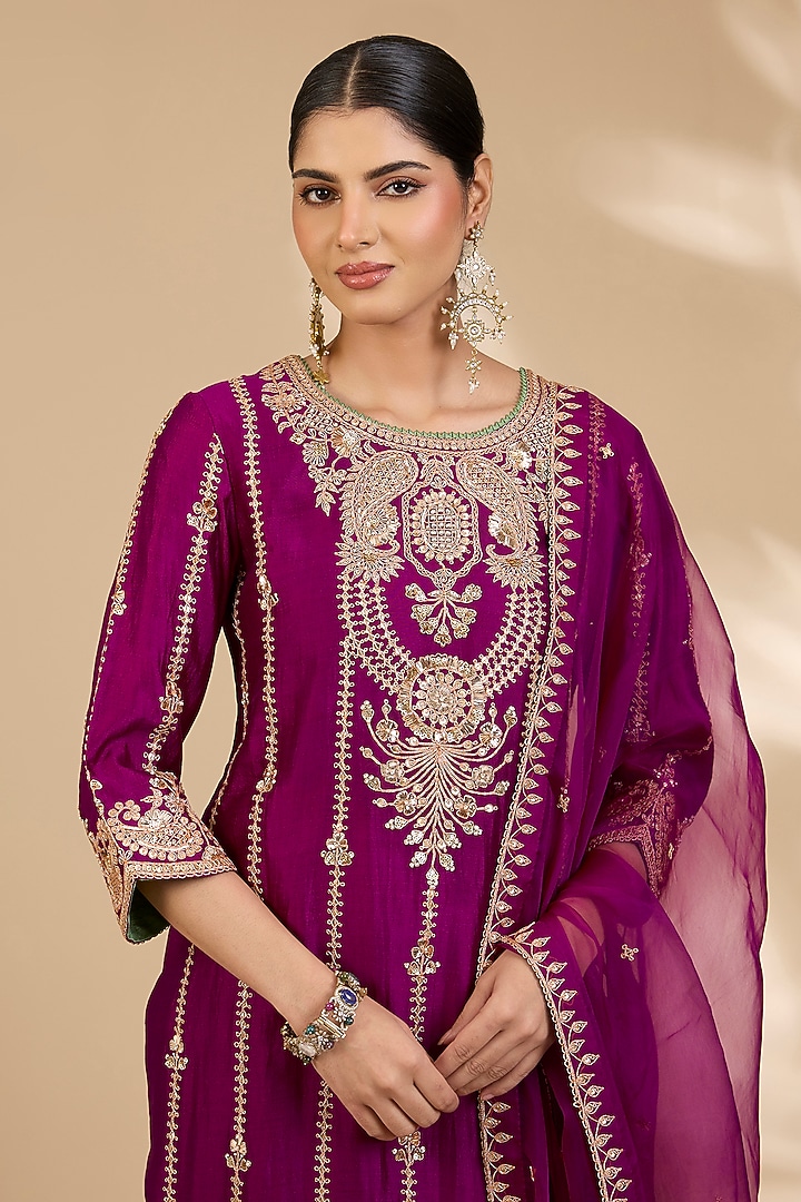 Berry Magenta Spun Silk Zardosi Embroidered Kurta Set by SURBHI SHAH at Pernia's Pop Up Shop