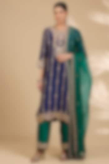 Navy Blue Spun Silk Zardosi Embroidered Kurta Set by SURBHI SHAH at Pernia's Pop Up Shop