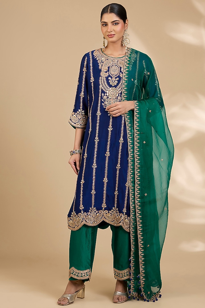 Navy Blue Spun Silk Zardosi Embroidered Kurta Set by SURBHI SHAH at Pernia's Pop Up Shop