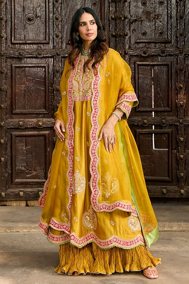 Mustard Yellow Pure Spun Silk Zardosi Work Bridal Anarkali Set by SURBHI SHAH at Pernia's Pop Up Shop
