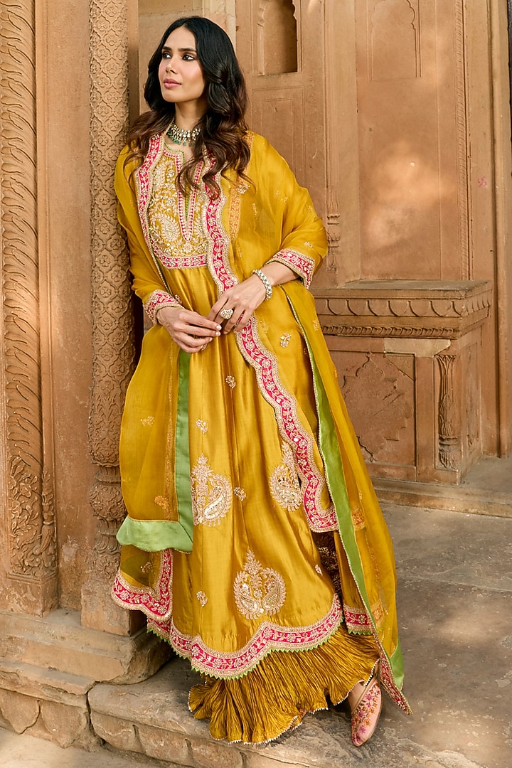 Mustard Yellow Pure Spun Silk Zardosi Work Bridal Anarkali Set by SURBHI SHAH at Pernia's Pop Up Shop