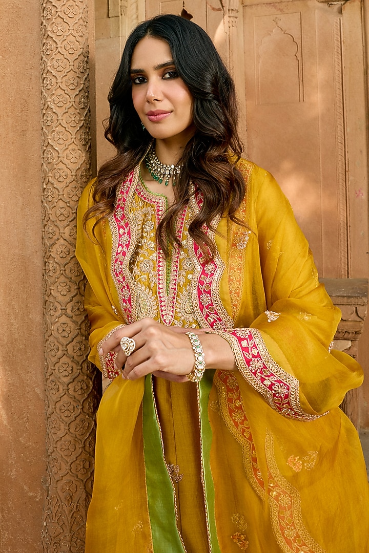 Mustard Yellow Pure Spun Silk Zardosi Work Bridal Anarkali Set by SURBHI SHAH at Pernia's Pop Up Shop