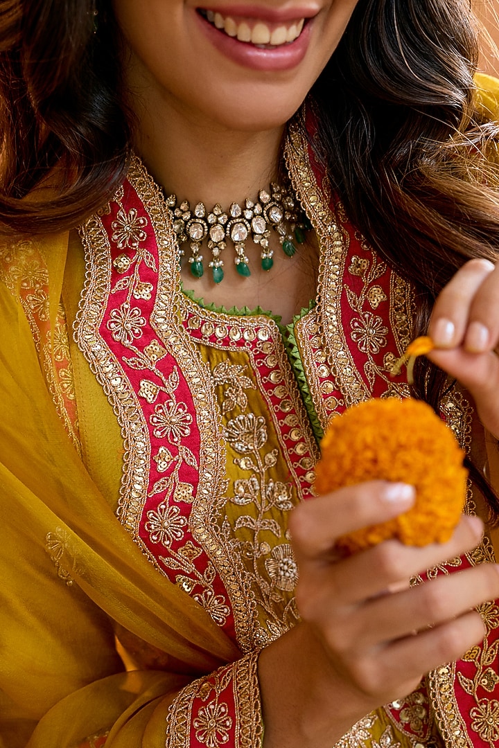 Mustard Yellow Pure Spun Silk Zardosi Work Bridal Anarkali Set by SURBHI SHAH at Pernia's Pop Up Shop