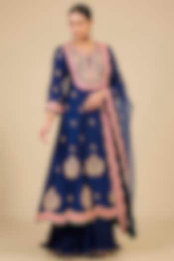 Navy Blue Spun Silk Marori Work Bridal Anarkali Set by Surbhi Shah at Pernia's Pop Up Shop