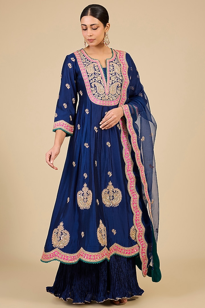 Navy Blue Spun Silk Marori Work Bridal Anarkali Set by Surbhi Shah at Pernia's Pop Up Shop