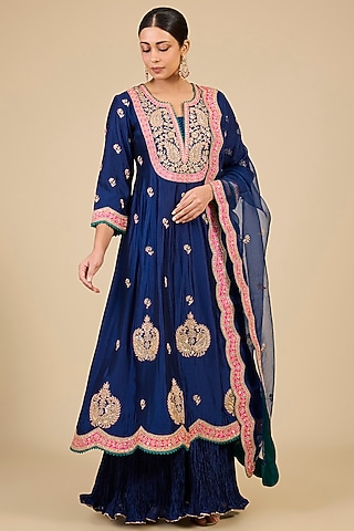 Navy Blue Spun Silk Marori Work Anarkali Set by surbhi shah