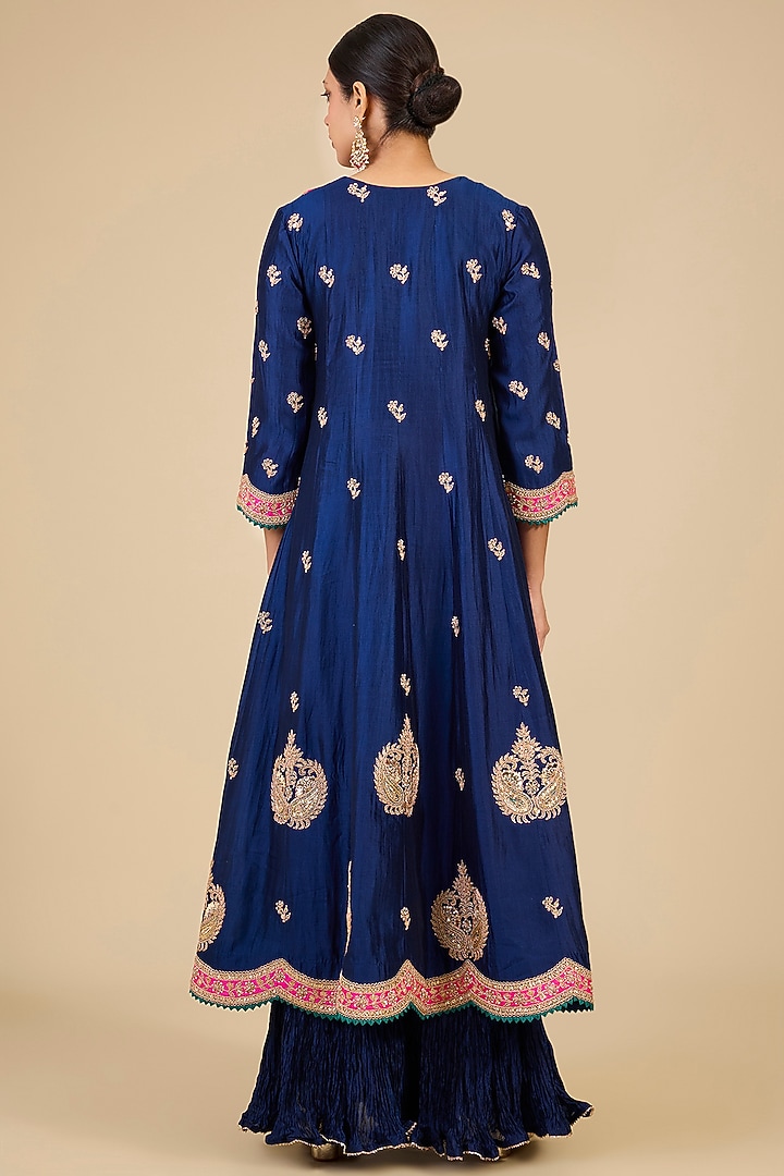 Navy Blue Spun Silk Marori Work Bridal Anarkali Set by Surbhi Shah at Pernia's Pop Up Shop