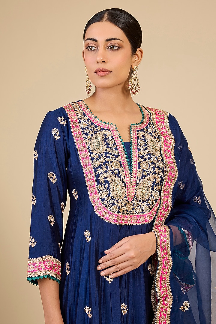 Navy Blue Spun Silk Marori Work Bridal Anarkali Set by Surbhi Shah at Pernia's Pop Up Shop