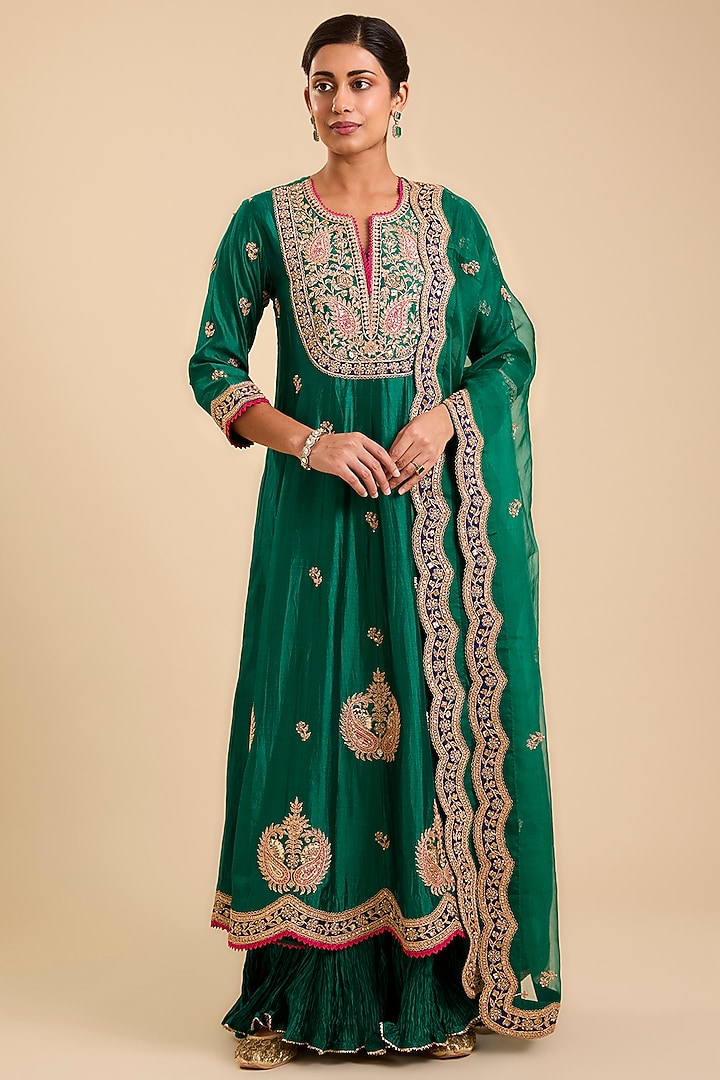 Emerald Green Spun Silk Marori & Zardosi Embroidered Bridal Anarkali Set by SURBHI SHAH at Pernia's Pop Up Shop