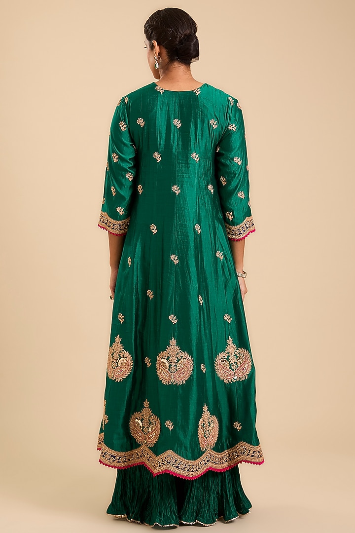 Emerald Green Spun Silk Marori & Zardosi Embroidered Bridal Anarkali Set by SURBHI SHAH at Pernia's Pop Up Shop