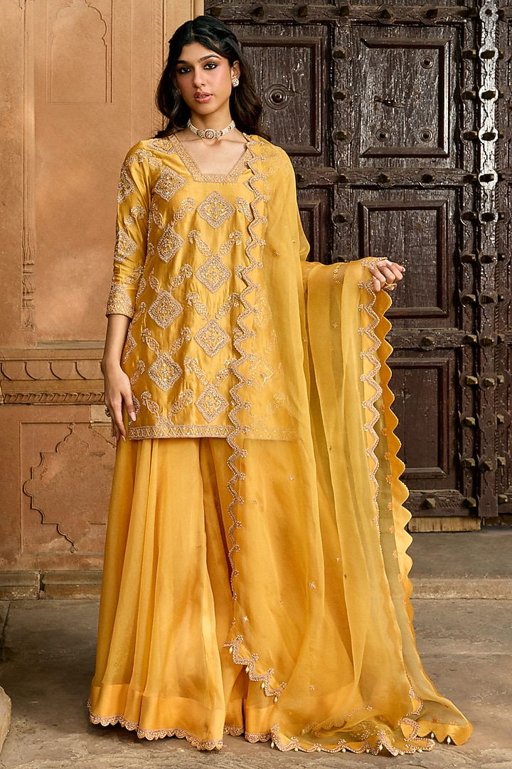Pastel Mango Organza Zardosi Work Bridal Sharara Set by SURBHI SHAH at Pernia's Pop Up Shop