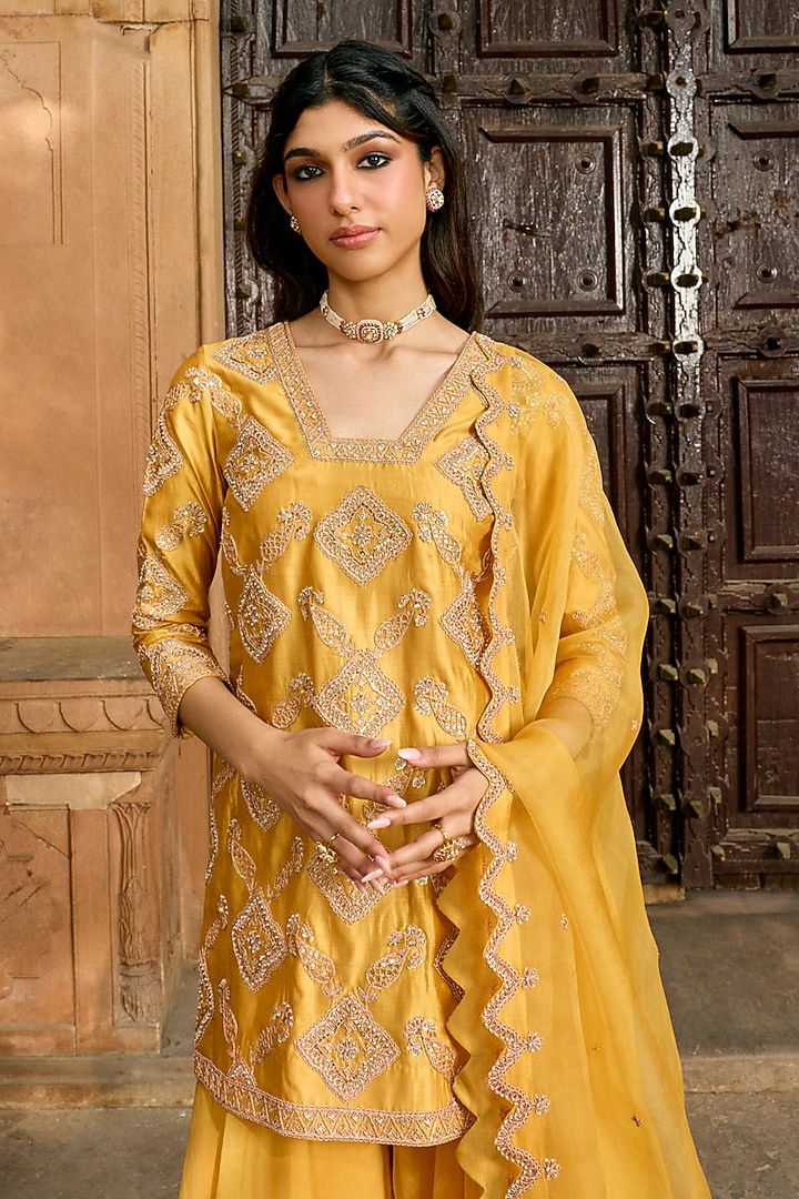 Pastel Mango Organza Zardosi Work Bridal Sharara Set by SURBHI SHAH at Pernia's Pop Up Shop