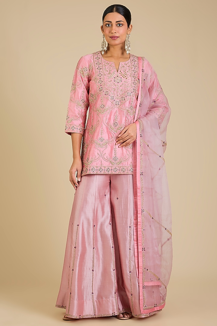 Raspberry Pink Spun Silk Gota Work Wedding Sharara Set by SURBHI SHAH at Pernia's Pop Up Shop