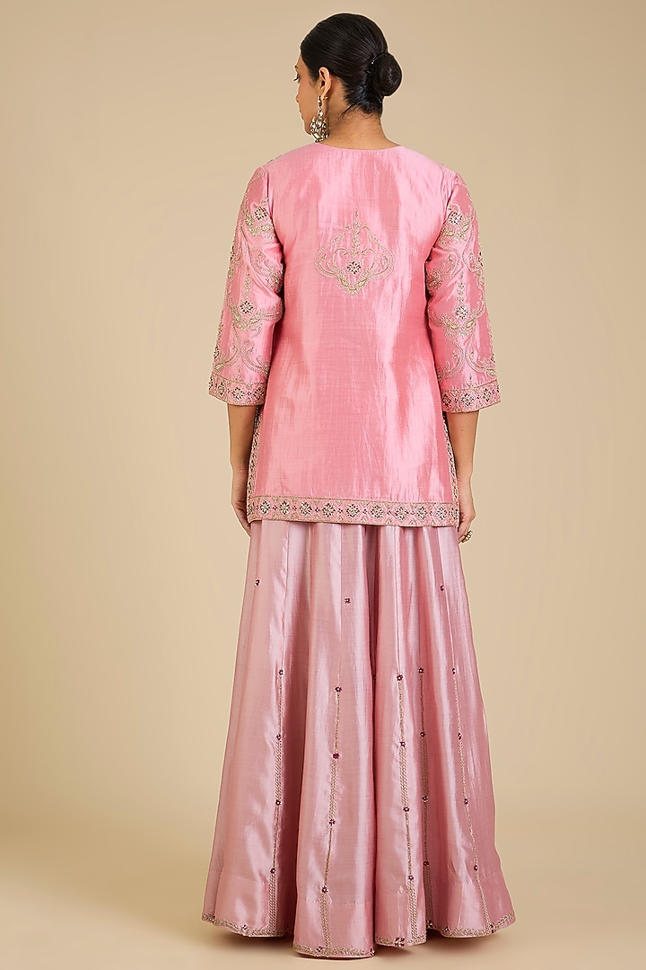 Raspberry Pink Spun Silk Gota Work Wedding Sharara Set by SURBHI SHAH at Pernia's Pop Up Shop