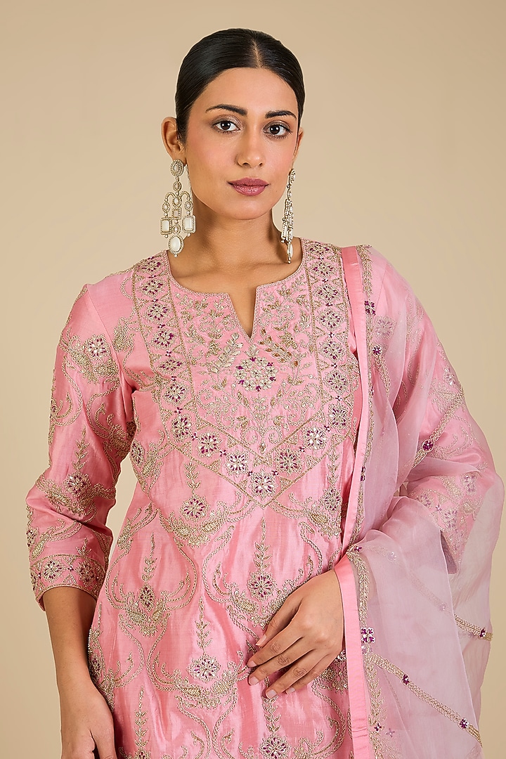 Raspberry Pink Spun Silk Gota Work Wedding Sharara Set by SURBHI SHAH at Pernia's Pop Up Shop