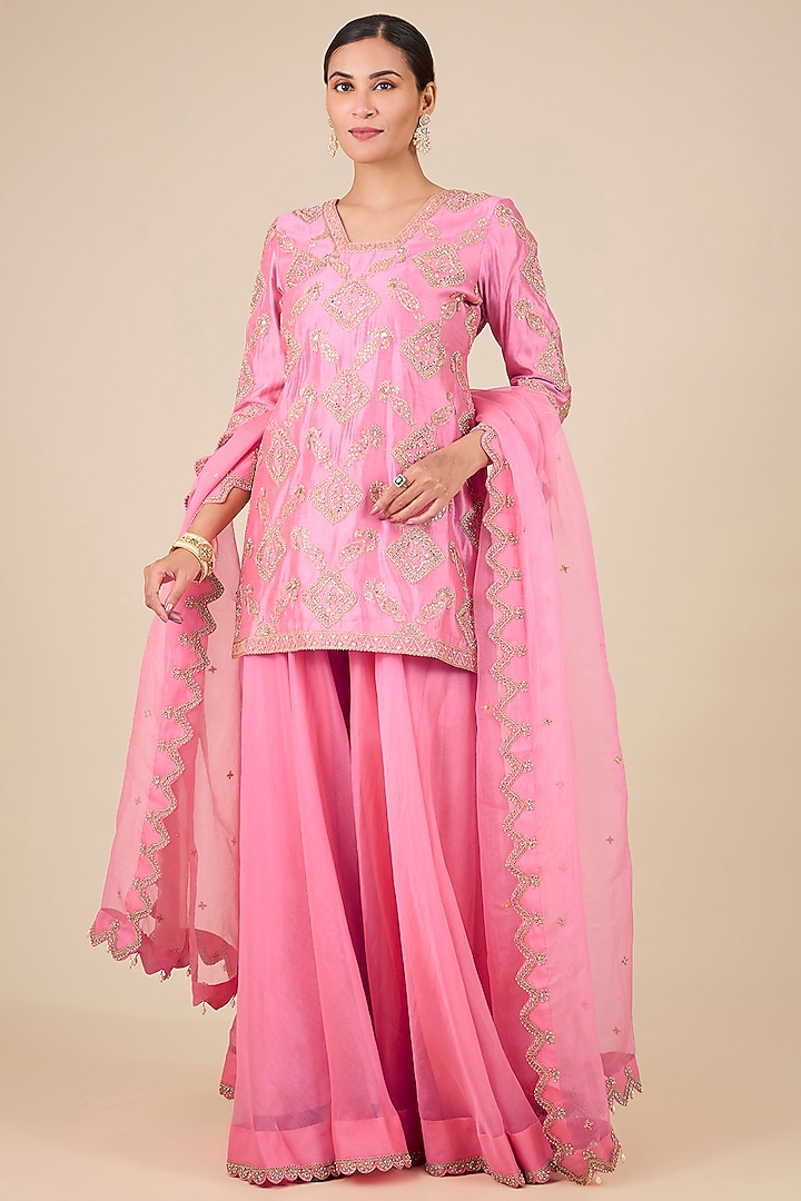 Raspberry Pink Organza Mukaish Embroidered Bridal Sharara Set by SURBHI SHAH at Pernia's Pop Up Shop