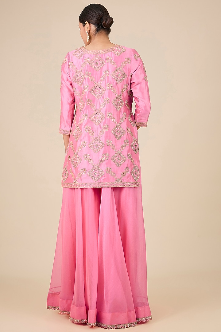 Raspberry Pink Organza Mukaish Embroidered Bridal Sharara Set by SURBHI SHAH at Pernia's Pop Up Shop
