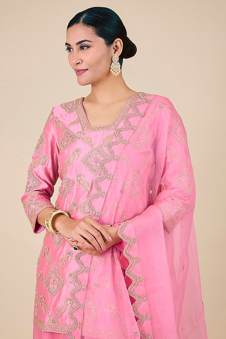 Raspberry Pink Organza Mukaish Embroidered Bridal Sharara Set by SURBHI SHAH at Pernia's Pop Up Shop