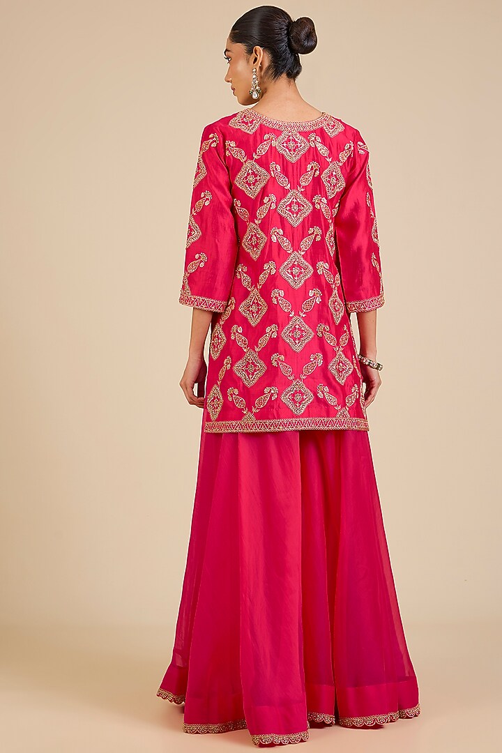 Strawberry Red Spun Silk Marori & Mukaish Embroidered Bridal Sharara Set by Surbhi Shah at Pernia's Pop Up Shop