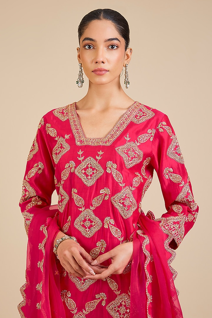 Strawberry Red Spun Silk Marori & Mukaish Embroidered Bridal Sharara Set by Surbhi Shah at Pernia's Pop Up Shop