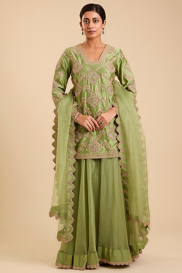 Fresh Green Spun Silk Marori & Zardosi Embroidered Bridal Sharara Set by SURBHI SHAH at Pernia's Pop Up Shop