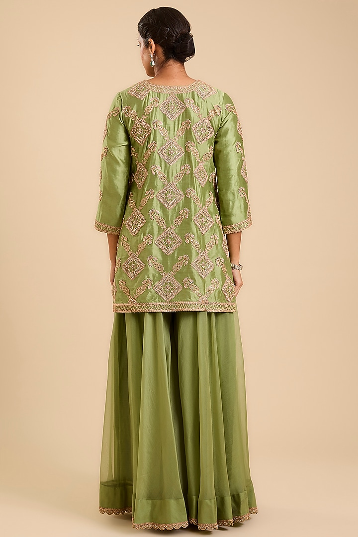 Fresh Green Spun Silk Marori & Zardosi Embroidered Bridal Sharara Set by SURBHI SHAH at Pernia's Pop Up Shop