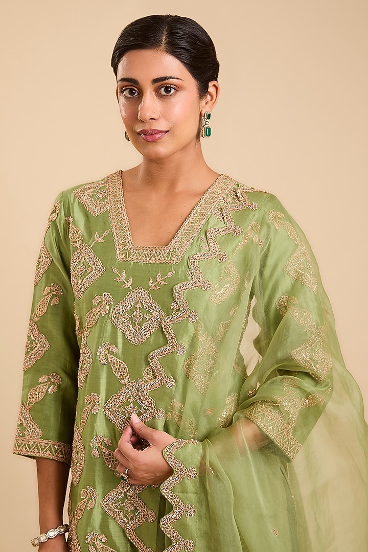 Fresh Green Spun Silk Marori & Zardosi Embroidered Bridal Sharara Set by SURBHI SHAH at Pernia's Pop Up Shop