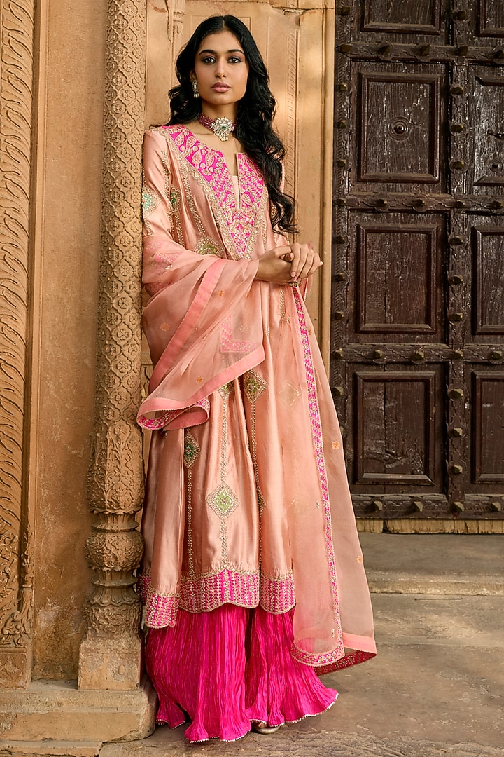 Old Rose Pure Spun Silk Zardosi Work Bridal Anarkali Set by SURBHI SHAH at Pernia's Pop Up Shop