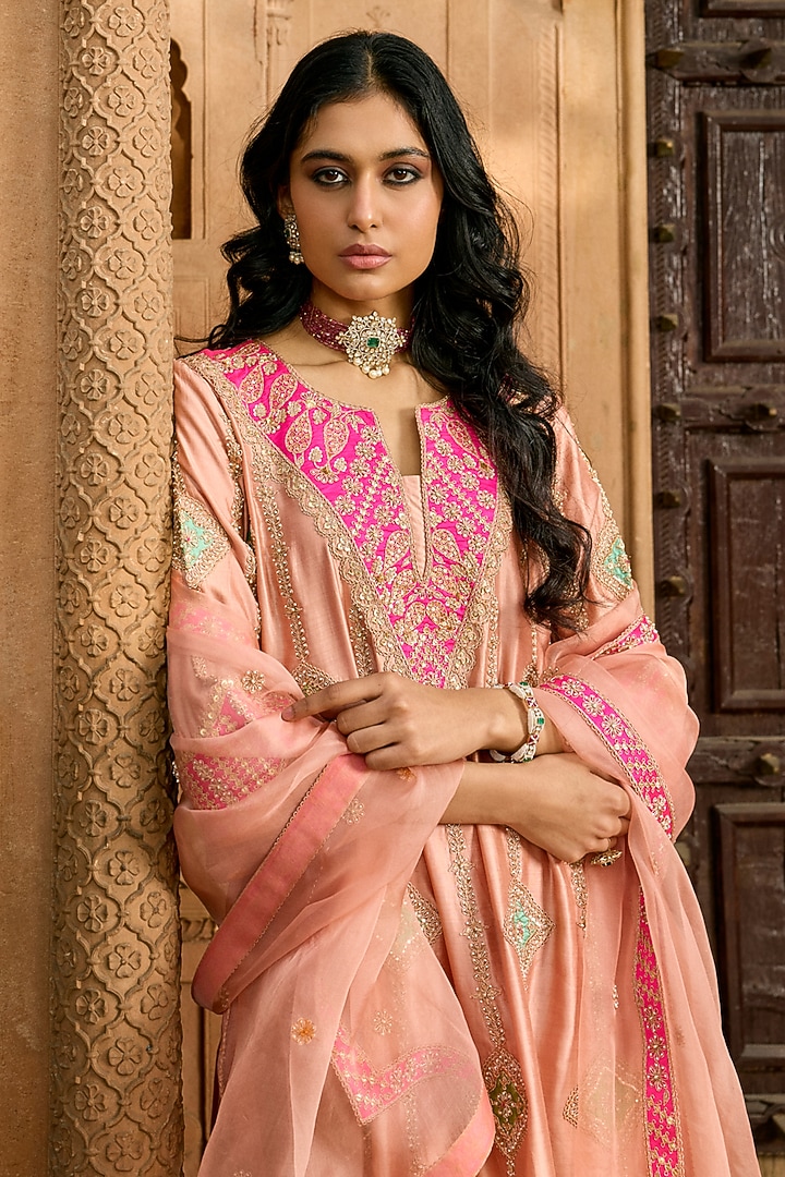 Old Rose Pure Pure Spun Silk Zardosi Work Bridal Anarkali Set by SURBHI SHAH at Pernia's Pop Up Shop