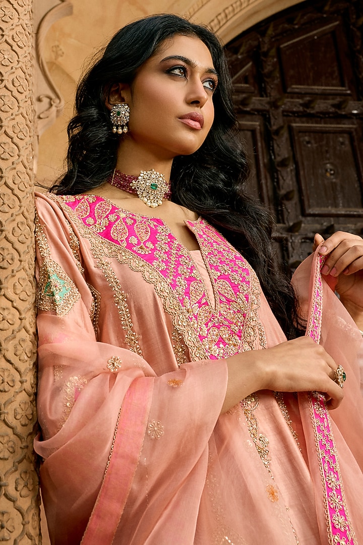 Old Rose Pure Pure Spun Silk Zardosi Work Bridal Anarkali Set by SURBHI SHAH at Pernia's Pop Up Shop