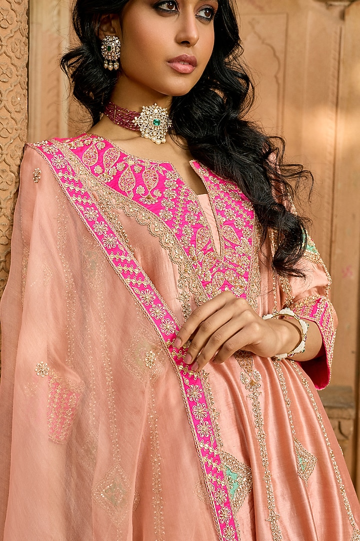 Old Rose Pure Pure Spun Silk Zardosi Work Bridal Anarkali Set by SURBHI SHAH at Pernia's Pop Up Shop