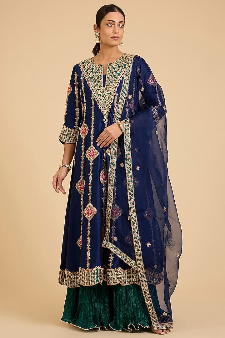 Navy Blue Spun Silk Marori Work Bridal Anarkali Set by SURBHI SHAH at Pernia's Pop Up Shop