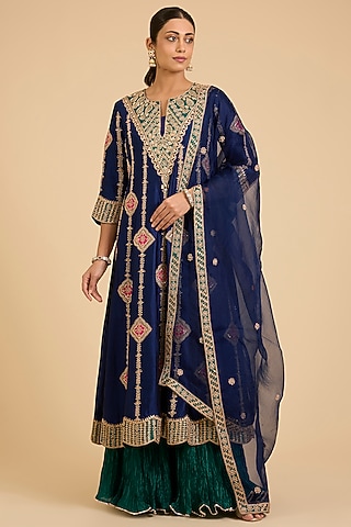 Navy Blue Spun Silk Marori Work Anarkali Set by SURBHI SHAH