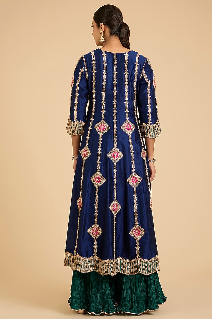 Navy Blue Spun Silk Marori Work Bridal Anarkali Set by SURBHI SHAH at Pernia's Pop Up Shop