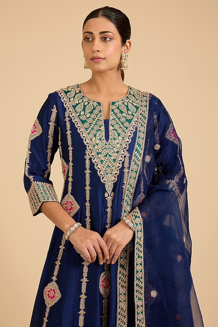 Navy Blue Spun Silk Marori Work Bridal Anarkali Set by SURBHI SHAH at Pernia's Pop Up Shop