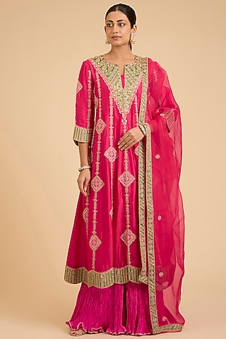 Strawberry Red Spun Silk Marori Work Anarkali Set by SURBHI SHAH